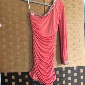 Coral / Peach Fitted One-Sleeved Mini Dress